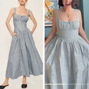BEST Reformation Balia Linen Midi Dress Sz0 Slate Check Linen Vacation Party